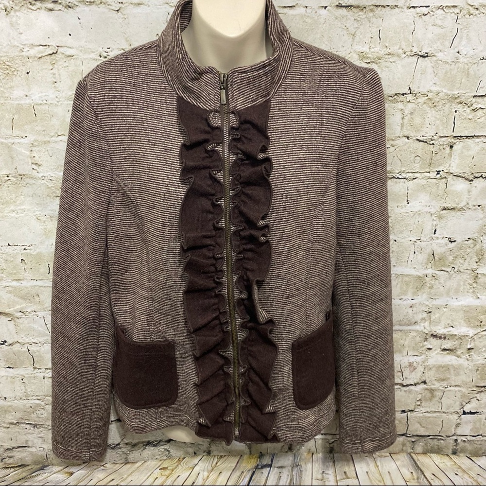 Ambition Brown Striped Ruffle Knit Wool Blend Zip Up Jacket Blazer